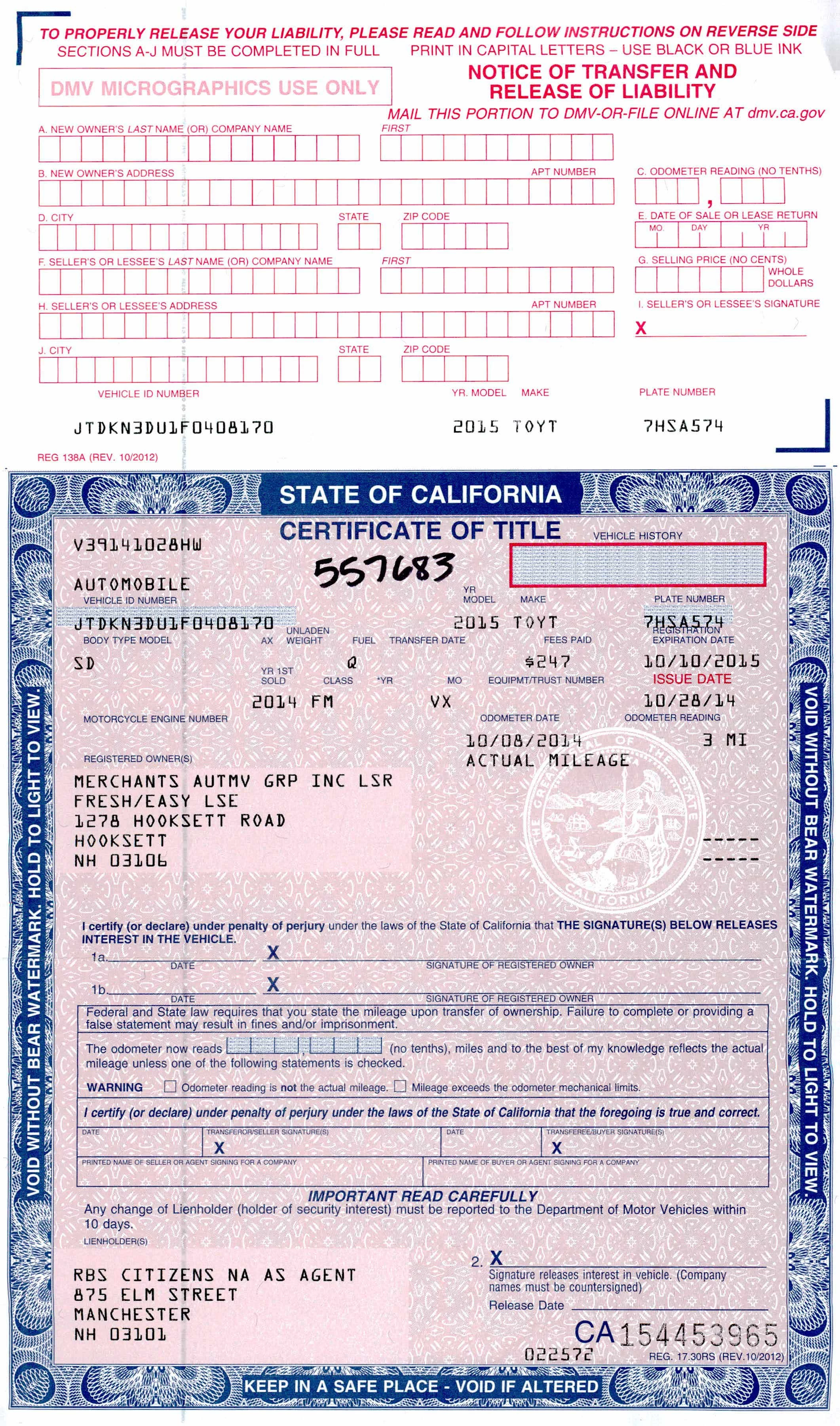 Vehicle Certificate Of Title All Usa States 2612