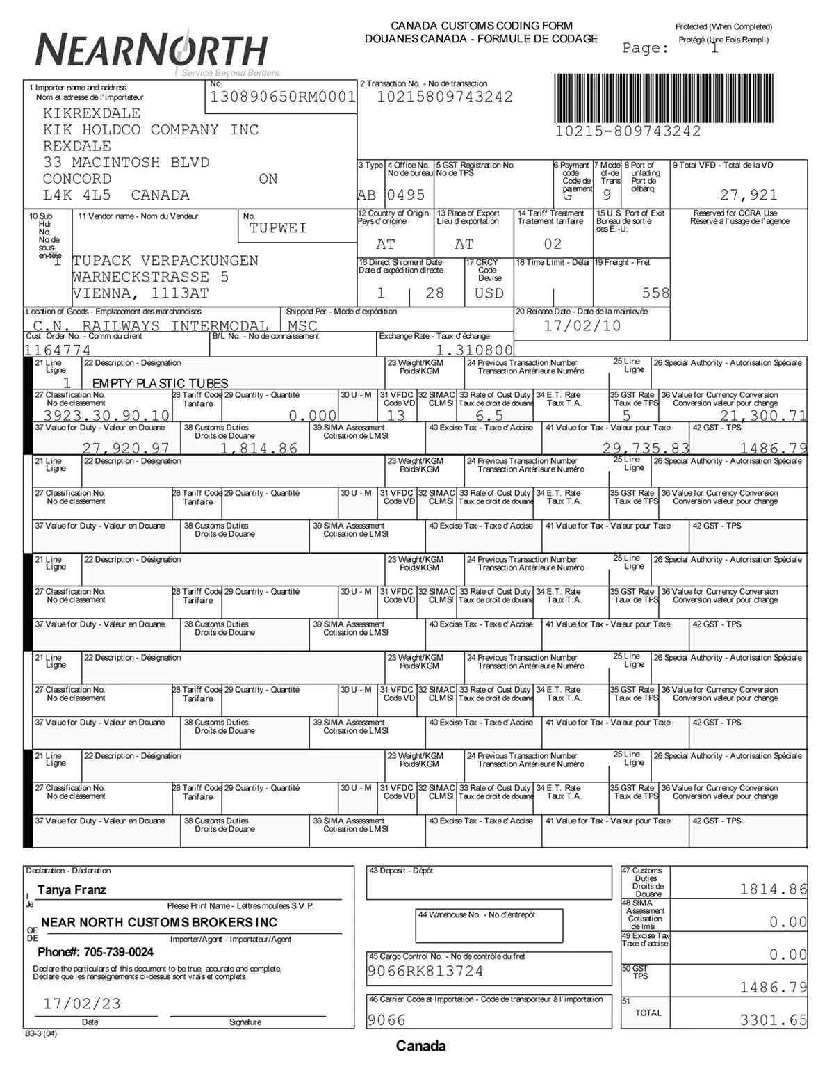 Canada customs coding form b3