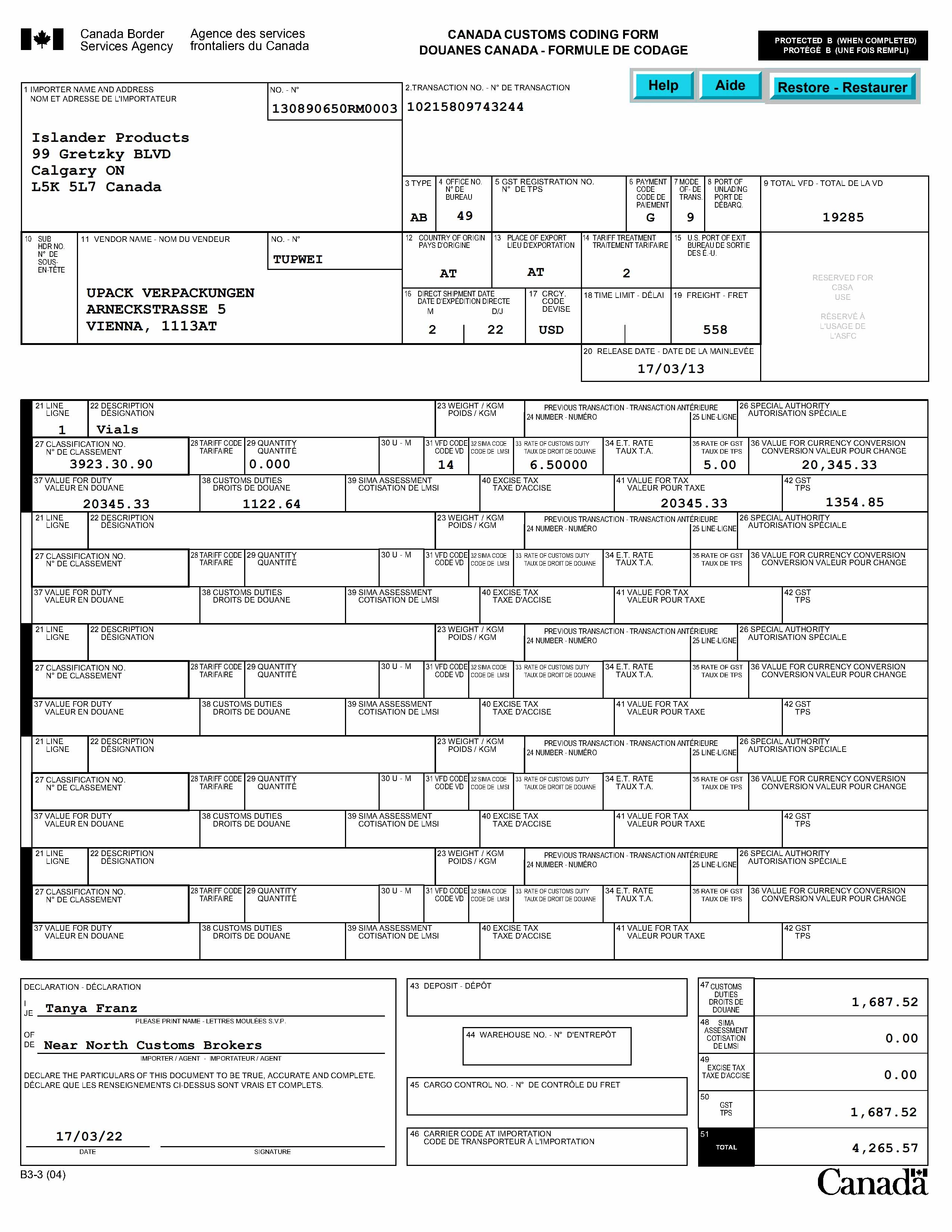 Canada customs coding form b3