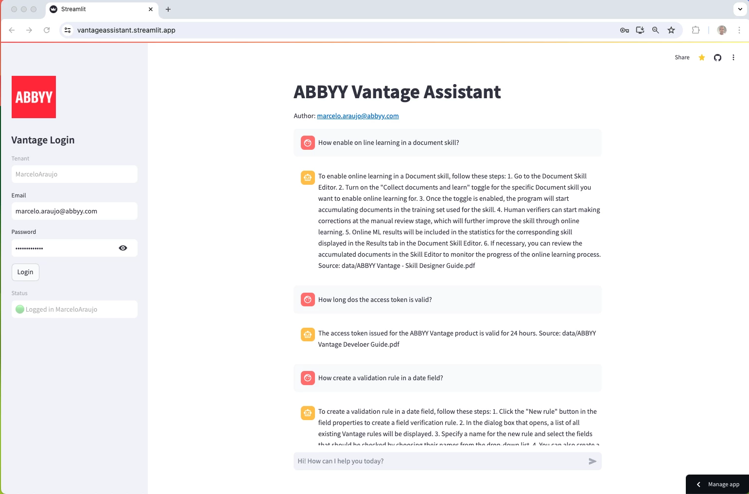 Screenshot Vantage Assistant