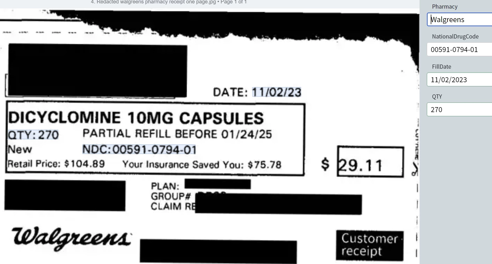 Walgreens receipt redacted
