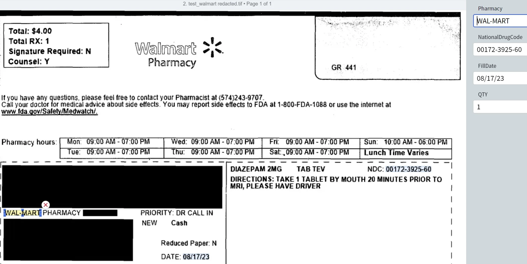 Walmart receipt redacted